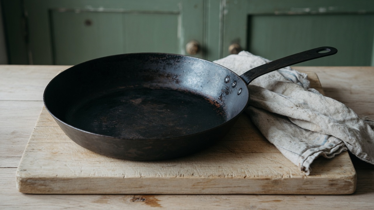 Seasoned carbon steel skillet on an oak board